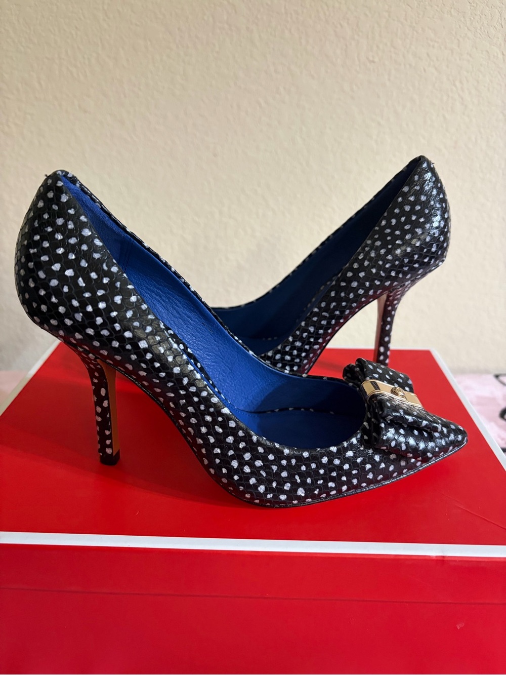 Coach Black and White Polka Dot Pointed-Toe Pumps with Gold Accent - Picture 2 of 6